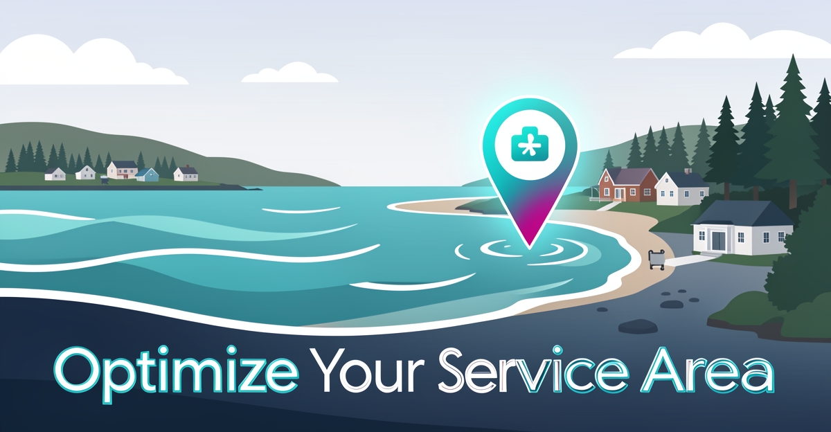 A minimalist flat illustration of a Nova Scotia coastal scene with a glowing map pin over a clinic, highlighting local service area optimization for healthcare providers.