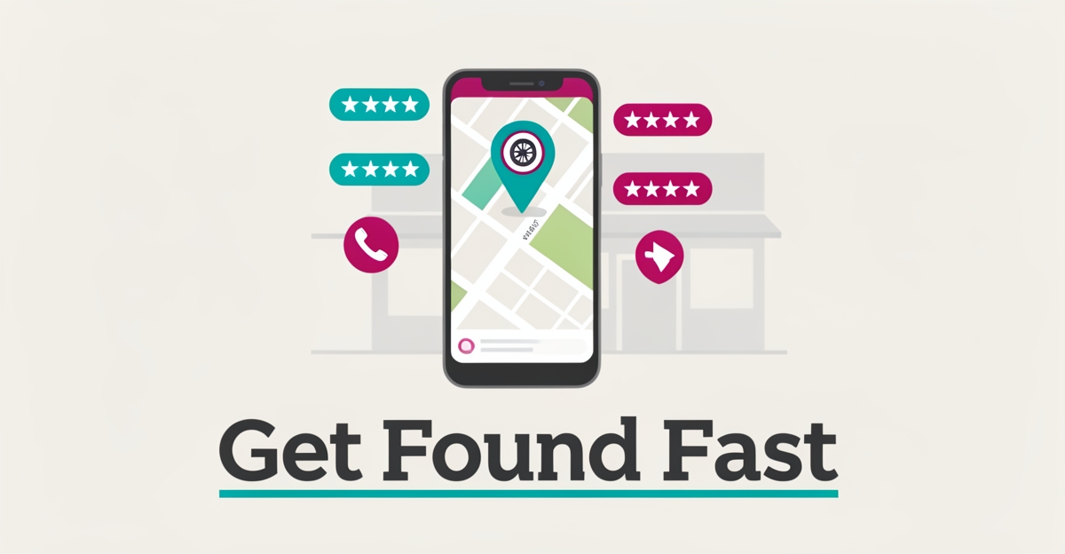 Flat illustration of a smartphone showing a map with a location pin, tire shop storefront, and review stars in teal and magenta brand colors.