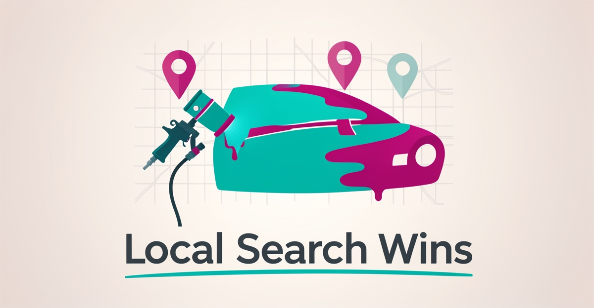 Flat illustration of a car panel being spray-painted teal and magenta with map pins representing local search optimization for auto paint shops.