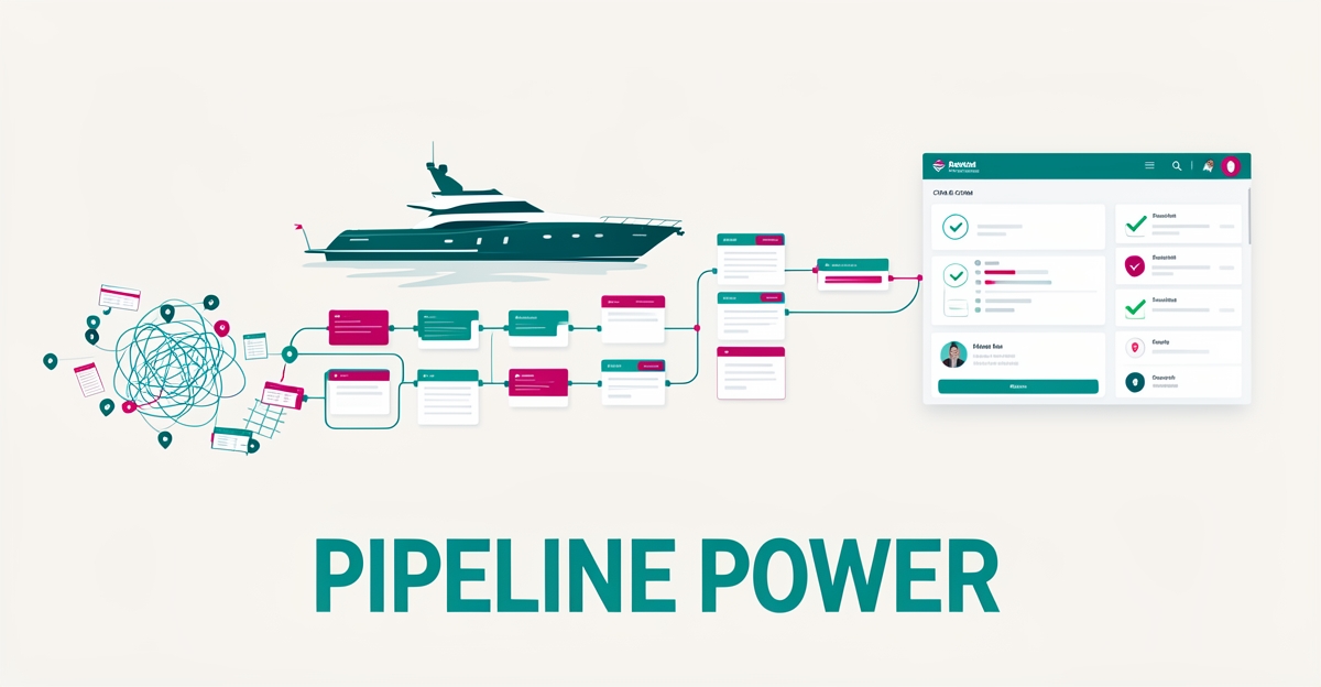 Flat illustration of boat leads flowing through an organized teal and magenta CRM pipeline at a marine dealership.