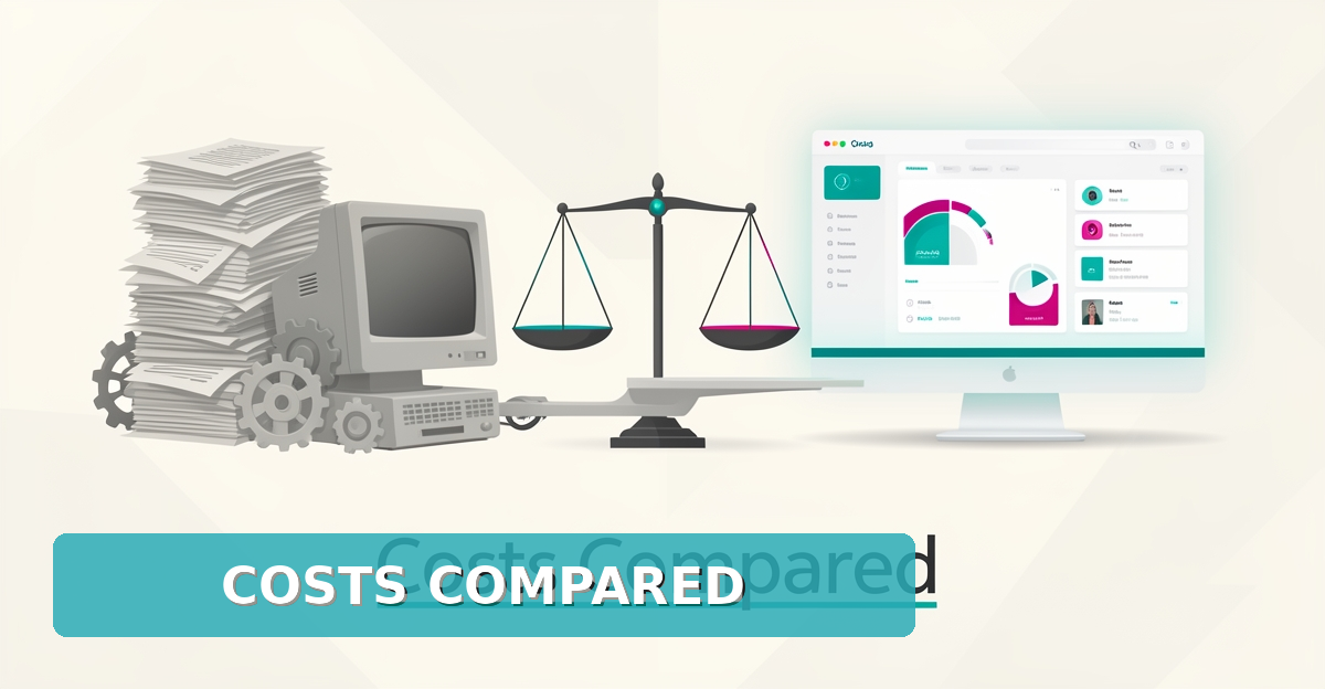 Flat illustration comparing a tangled in-house website setup with a streamlined AI platform on a balance scale, accented in teal and magenta.