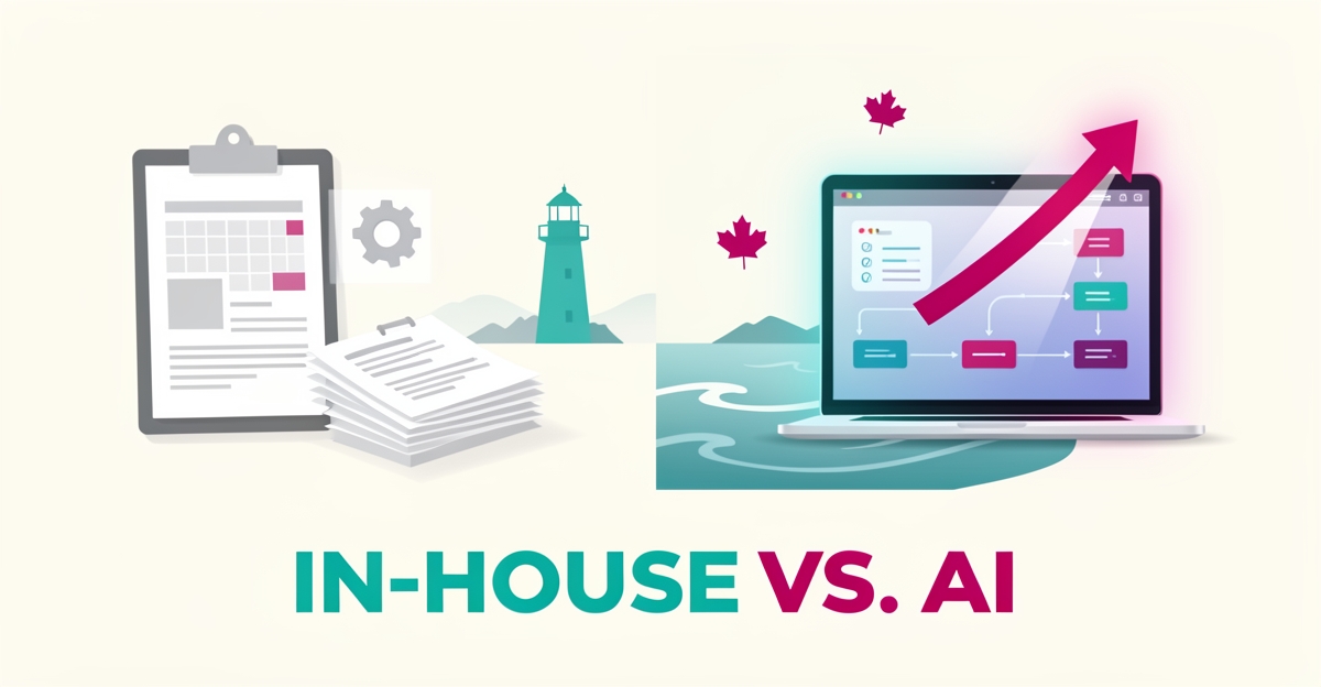 Flat illustration comparing manual website management with an AI-driven platform, accented with Atlantic Canada lighthouse imagery in teal and magenta.