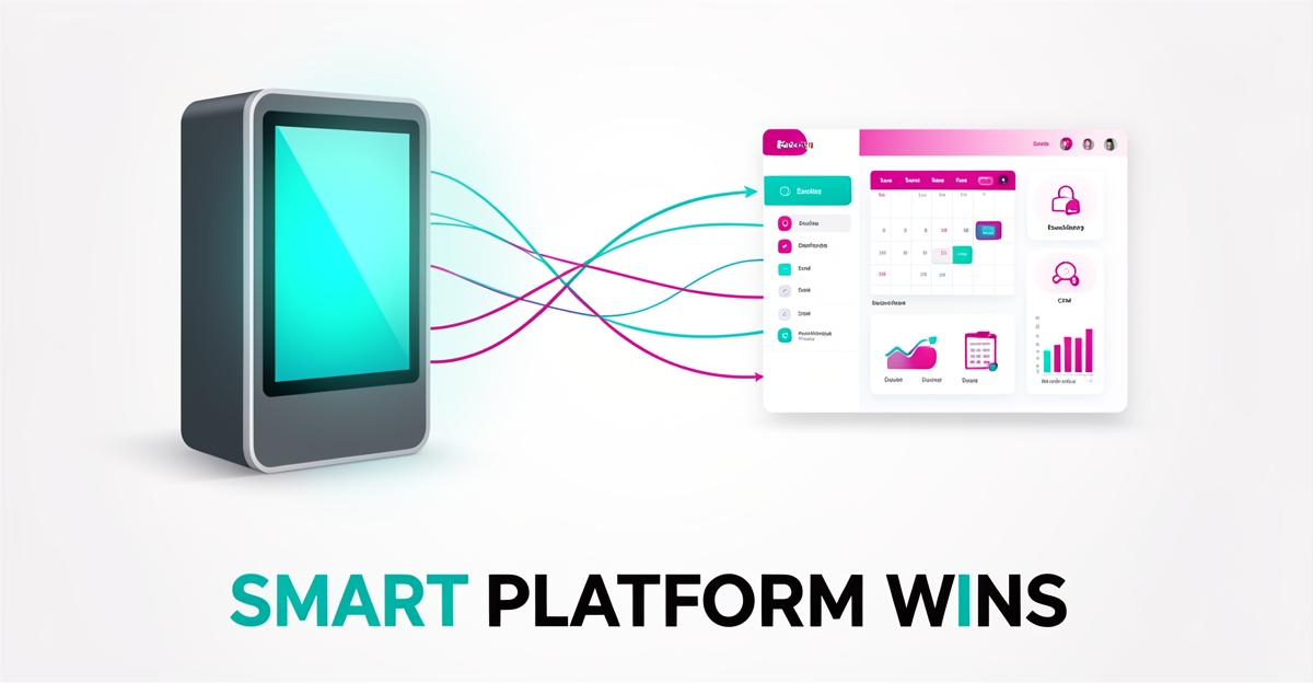 Flat illustration comparing a photo booth connected to a unified smart platform dashboard, with headline Smart Platform Wins.