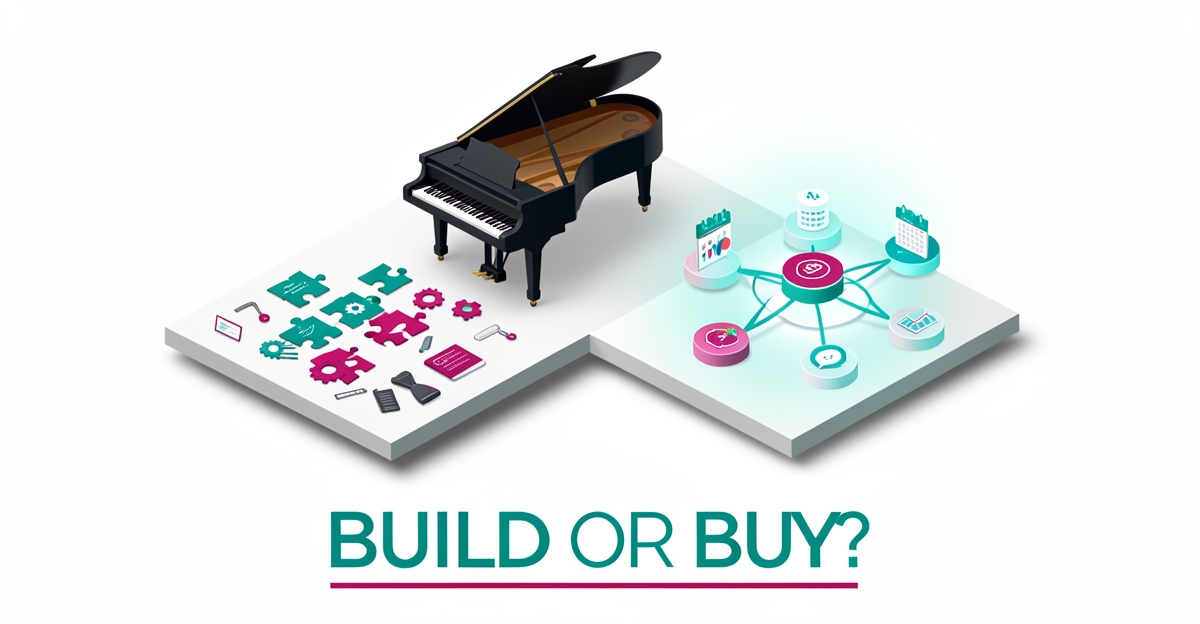 Flat illustration comparing in-house software fragments vs unified AI platform for piano movers, with BUILD OR BUY headline.