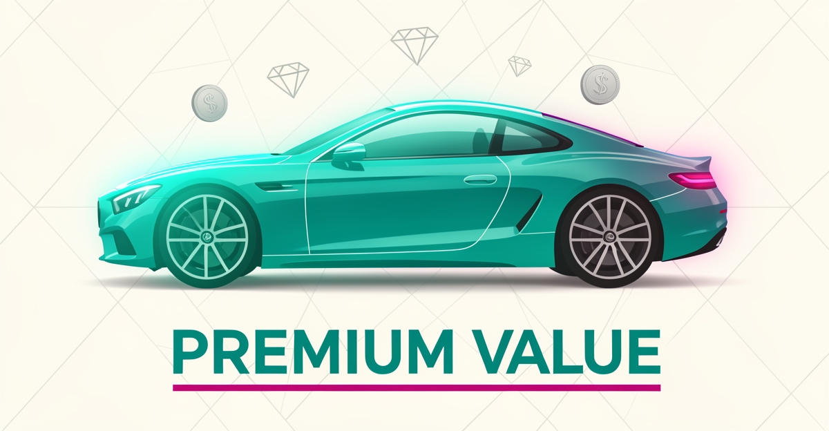 Flat illustration of a car protected by a glowing teal ceramic coating shield with a premium value headline.