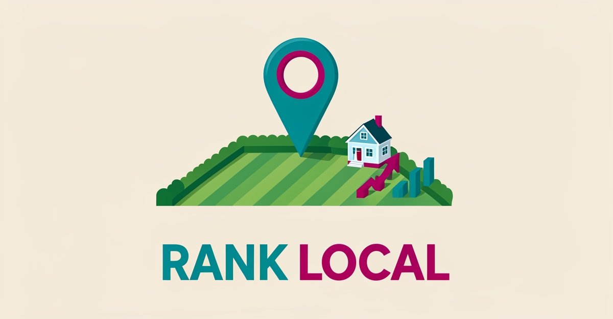 Flat illustration of a Halifax lawn and garden with a rising map pin and ranking bars, accented in teal and magenta with the headline Rank Local.