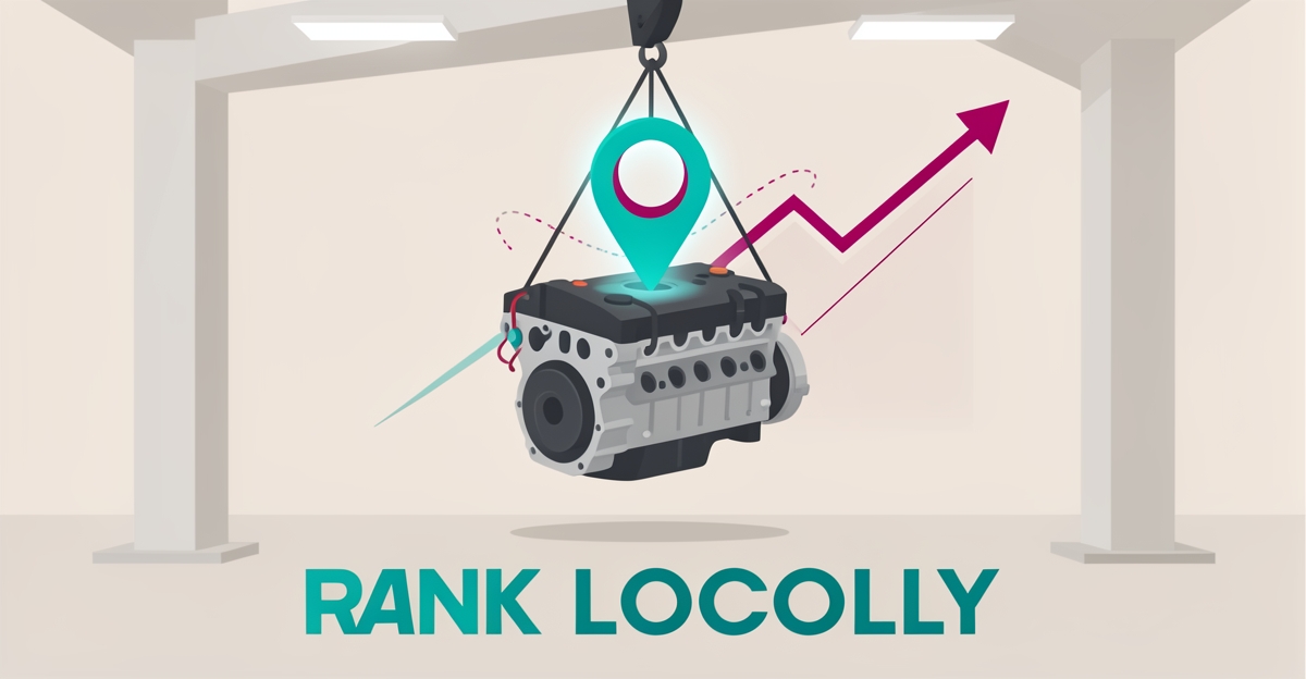 Flat illustration of a car engine in a garage beneath a glowing location pin, symbolizing local SEO for engine overhaul services.