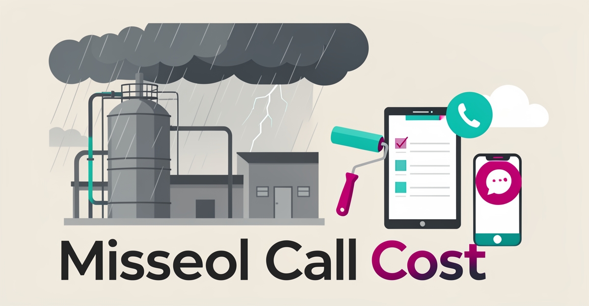Flat illustration of industrial tanks in a storm with missed call icon and inspection tools highlighted in teal and magenta.