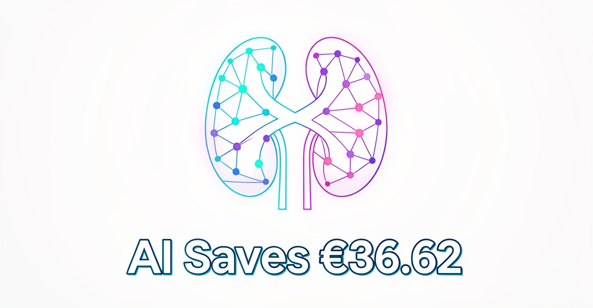 Flat illustration of a digital kidney network with brand-colored accents and the headline 'AI Saves €36.62' in the lower third, symbolizing cost savings from AI communication in nephrology.