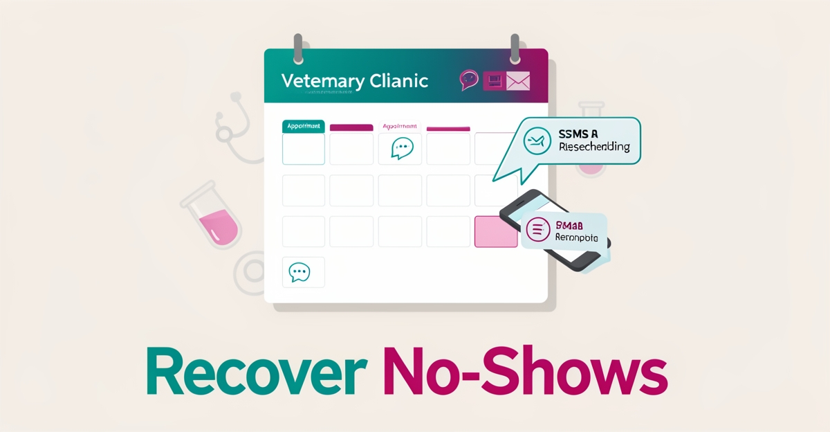 Flat illustration of AI-powered reminders automatically rescheduling missed veterinary lab test appointments on a clinic calendar.
