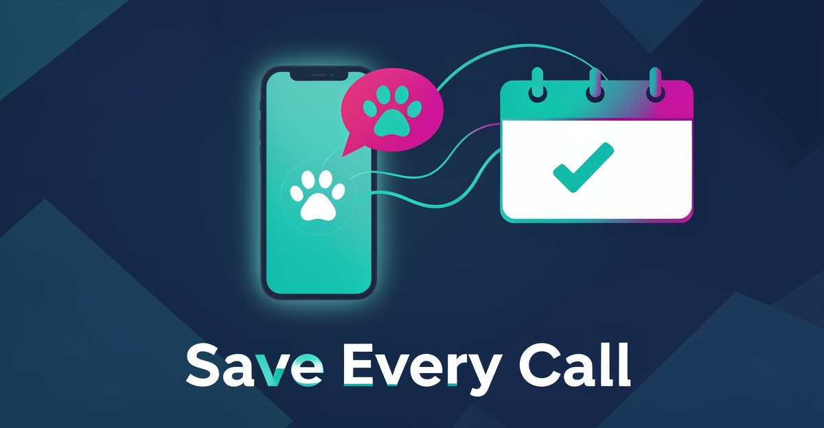 Flat illustration of a smartphone with paw print and speech bubble connecting to a calendar, representing AI voice agents recovering missed vet clinic calls.