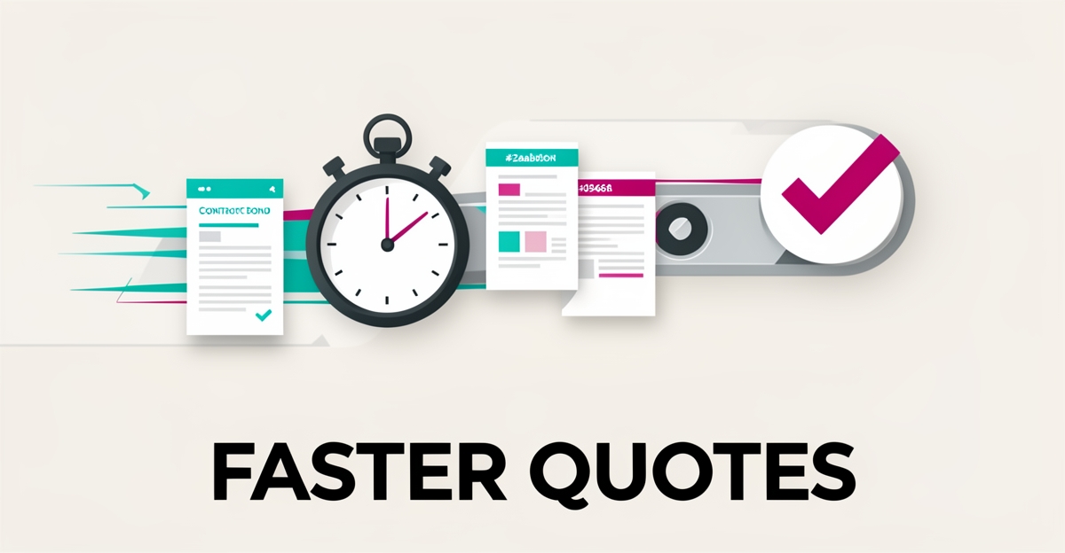 Flat illustration of a stopwatch and automated document pipeline with teal and magenta accents, headline reading FASTER QUOTES.
