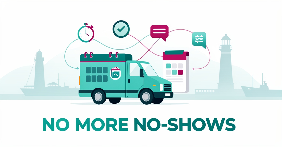 Flat illustration of a fleet truck with AI scheduling icons and Halifax skyline, headline reading No More No-Shows.