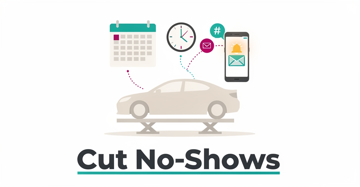 Flat illustration of a lube shop service bay with calendar, clock, and smartphone reminder icons in teal and magenta, headlined Cut No-Shows.