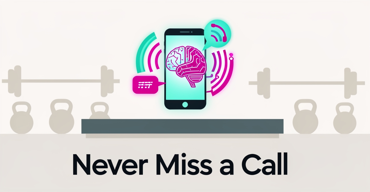 Flat illustration of an AI phone system capturing calls at a CrossFit gym with teal and magenta accents, headline reading Never Miss a Call.