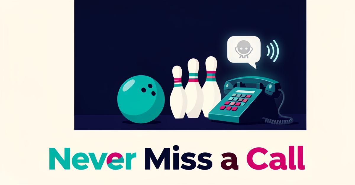 Flat illustration of a bowling alley desk phone with AI assistant icon and glowing sound waves, accented in teal and magenta.