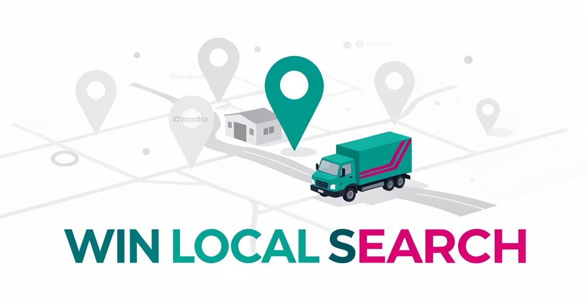 Flat illustration of a teal map pin and small truck dominating a local map, symbolizing regional haulers winning local search against national competitors.
