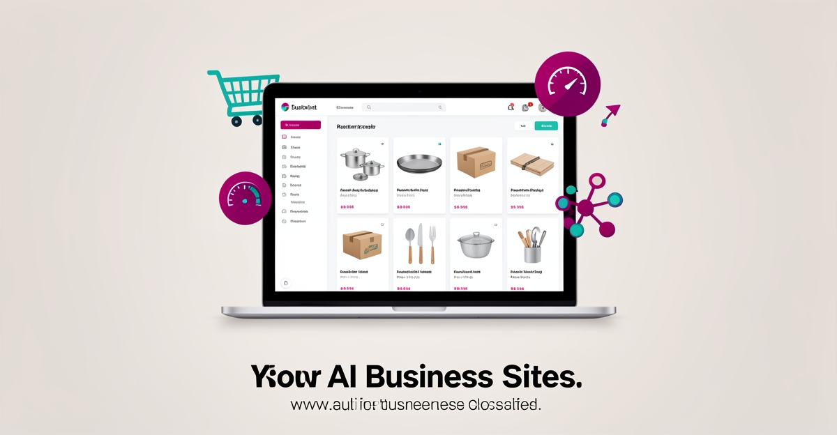 Flat illustration of a laptop showing a restaurant supply e-commerce site with teal and magenta accents.