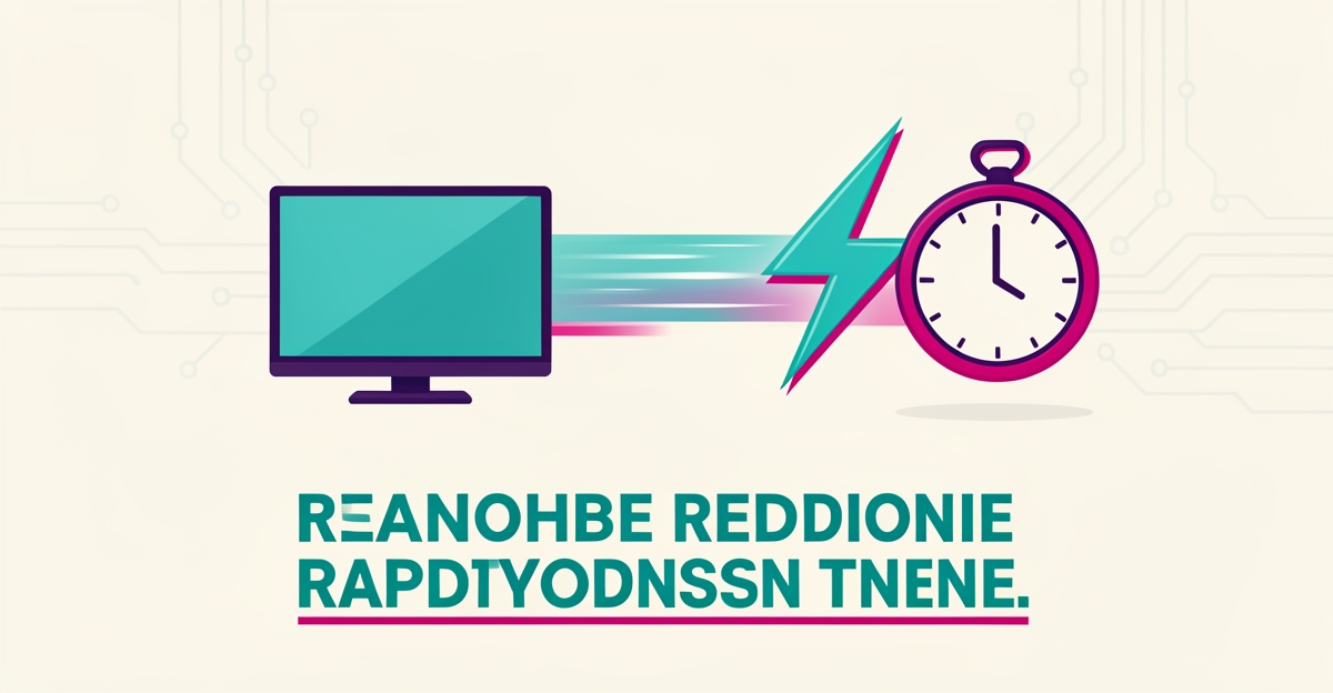 Flat illustration of a home theater system linked to a lightning bolt and clock symbolizing AI-powered rapid lead response, accented in teal and magenta.