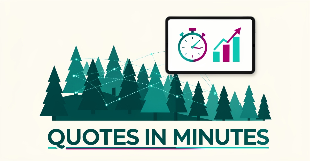 Flat illustration of a forest scanned by AI LiDAR with a stopwatch and rising chart, highlighting faster timber harvesting quotes.