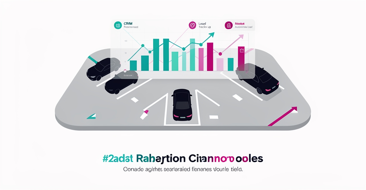 Flat illustration of valet parking lot with digital CRM dashboard accents showing scale and lead tracking for valet operations.