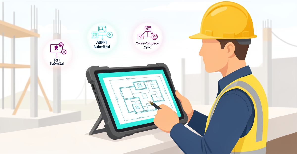 A civil engineer uses a tablet at a construction site with glowing workflow icons, illustrating automation that keeps engineers in the field.
