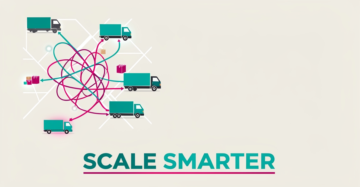Flat illustration of delivery trucks on streamlined automated routes with teal and magenta accents, headlined Scale Smarter.