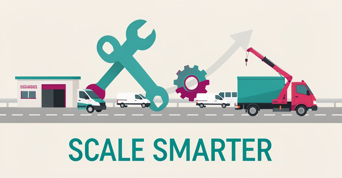 Flat illustration of delivery trucks between a garage and mobile repair van with a growth arrow, symbolizing scalable fleet maintenance choices.