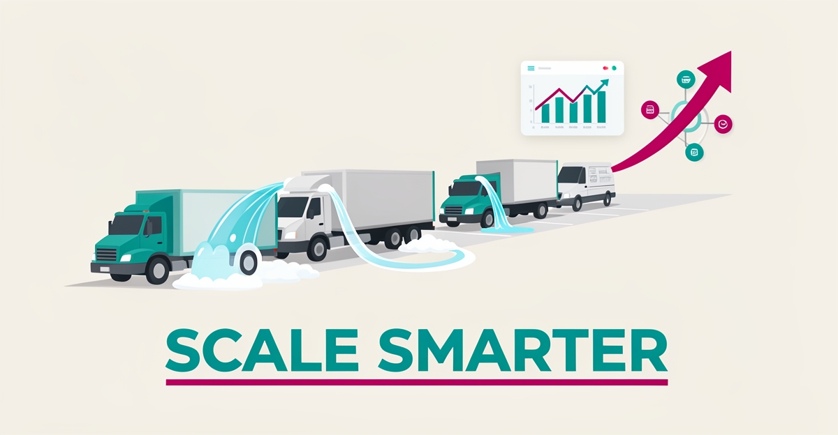 Flat illustration of fleet trucks being washed alongside digital automation charts and growth arrows, symbolizing scaling fleet washing operations with teal and magenta accents.