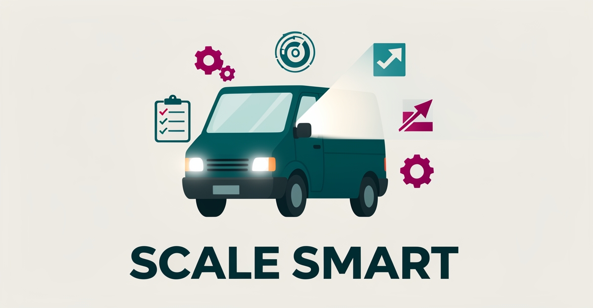 Flat illustration of a mobile headlight restoration van with growth and automation icons in teal and magenta, headlined Scale Smart.