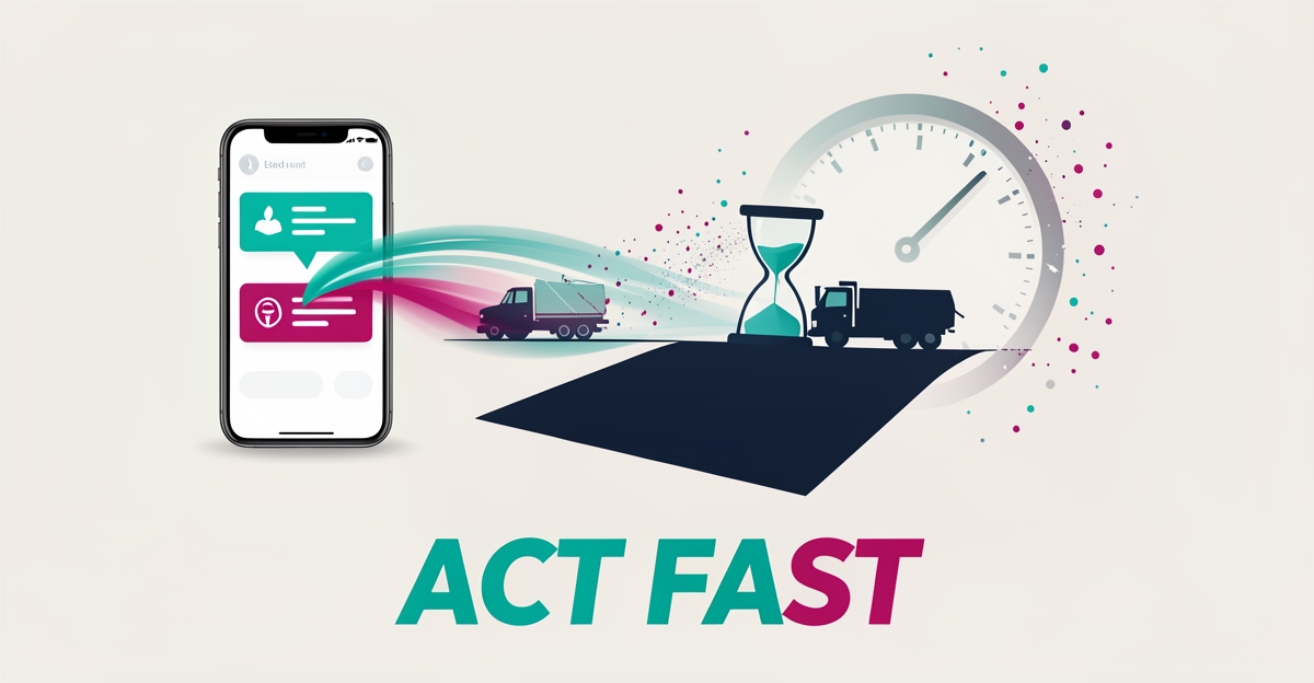 Flat illustration of a smartphone lead notification linked to a sealcoating truck and driveway with dissolving clock, headline reading Act Fast.