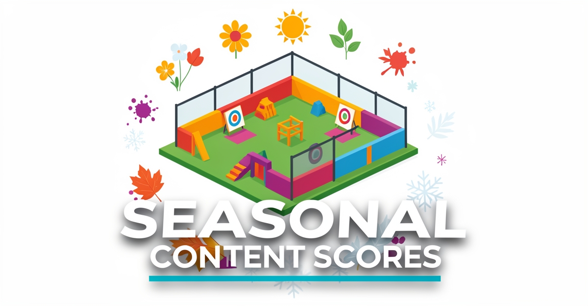 A minimalist flat illustration of a paintball field surrounded by seasonal icons, with the headline 'SEASONAL CONTENT SCORES' in the lower third using brand colors as accents.
