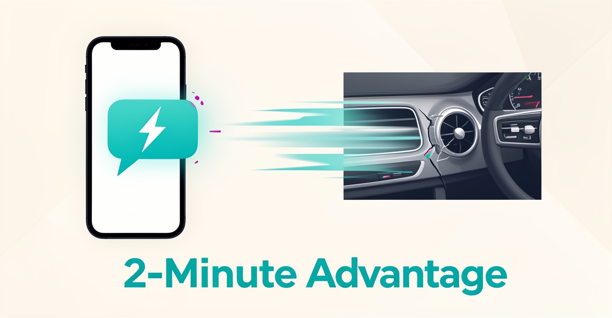 Flat illustration of a smartphone sending instant replies beside a dent repair scene, highlighting the 2-minute response advantage.