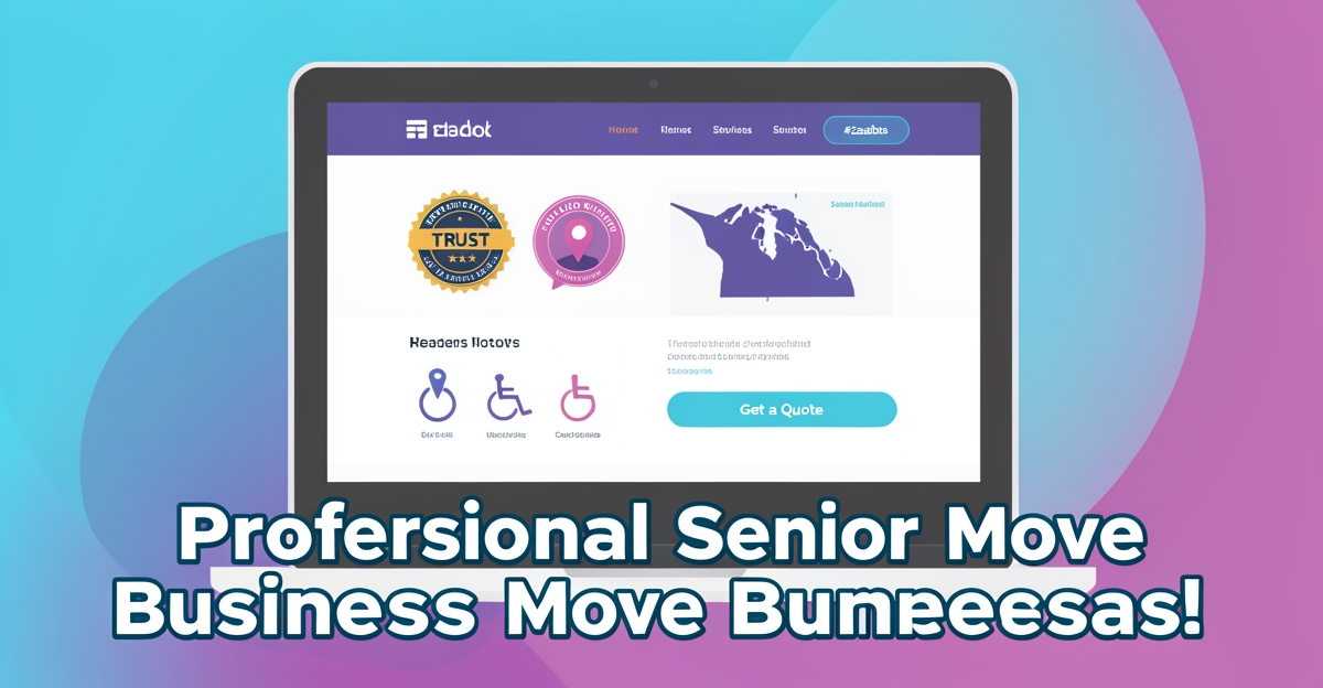 Flat illustration of a senior move business website on a laptop screen with trust signals, local SEO elements, and accessibility features, highlighting conversion-focused design.