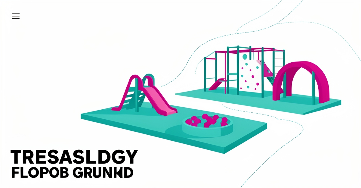 Flat illustration of an indoor playground with distinct age-based play zones in teal and magenta, headline reading Play by Age.