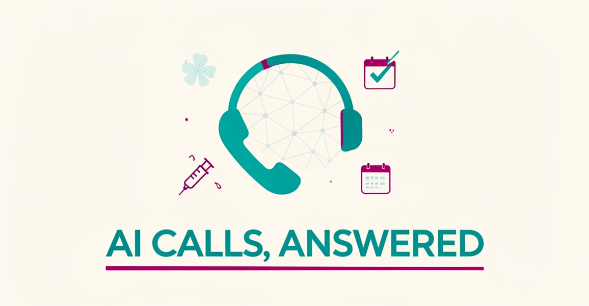 Flat illustration of a medical phone headset with AI network nodes and allergy clinic symbols in teal and magenta.