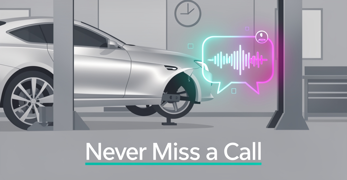Flat illustration of an aluminum car panel in a repair shop beside a glowing AI chat interface, with the headline Never Miss a Call.