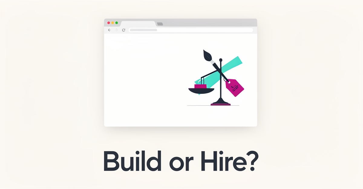 Flat illustration of an artist gallery website mockup with a scale weighing creativity against cost in teal and magenta accents.