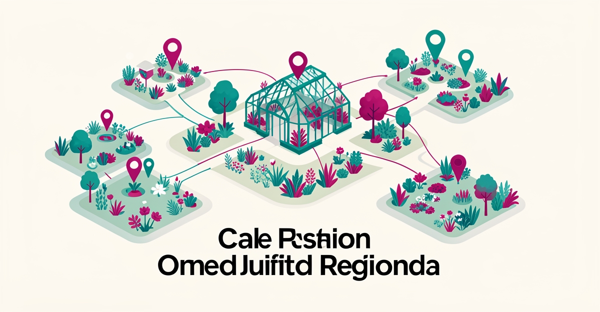 Flat illustration of a central botanical garden hub connected to smaller regional garden plots with teal and magenta accents, symbolizing unified versus regional websites.