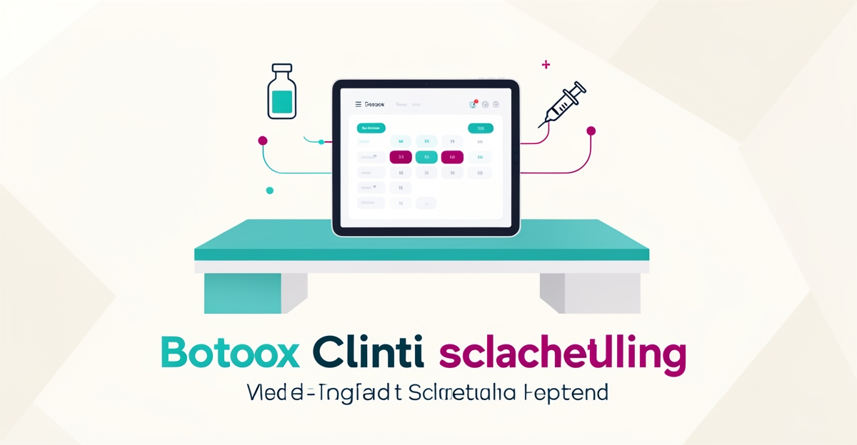 Flat illustration of digital appointment booking for a Botox clinic with teal and magenta accents emphasizing trust and efficiency.