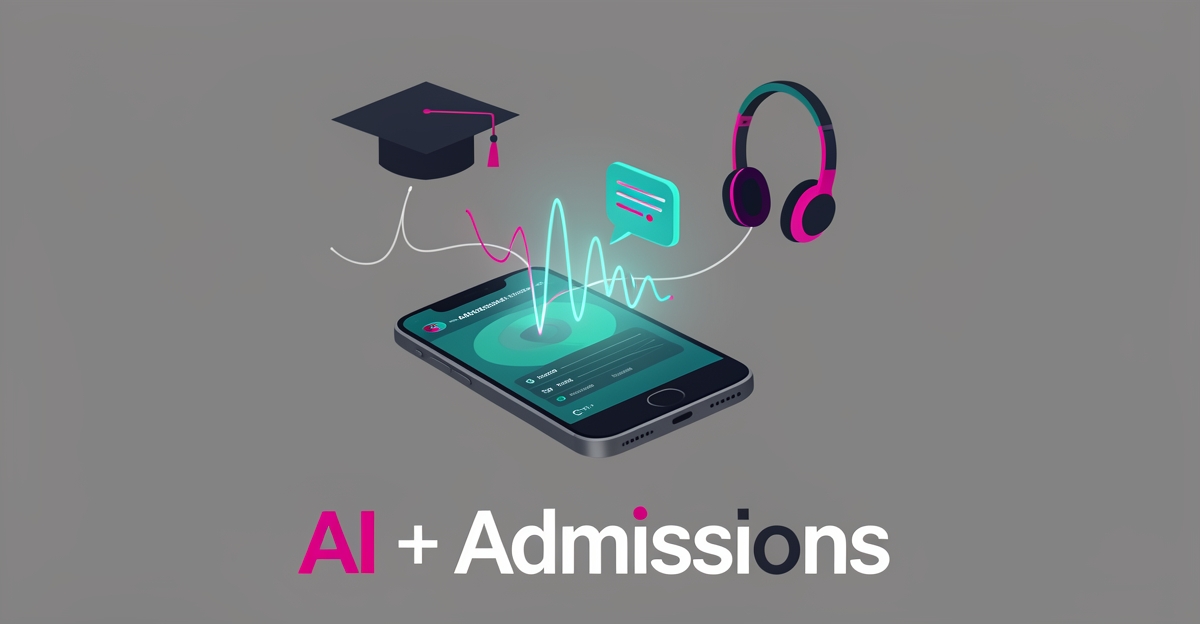 Flat illustration of a smartphone with soundwaves and AI chat elements symbolizing AI voice assistants in coding bootcamp admissions calls.