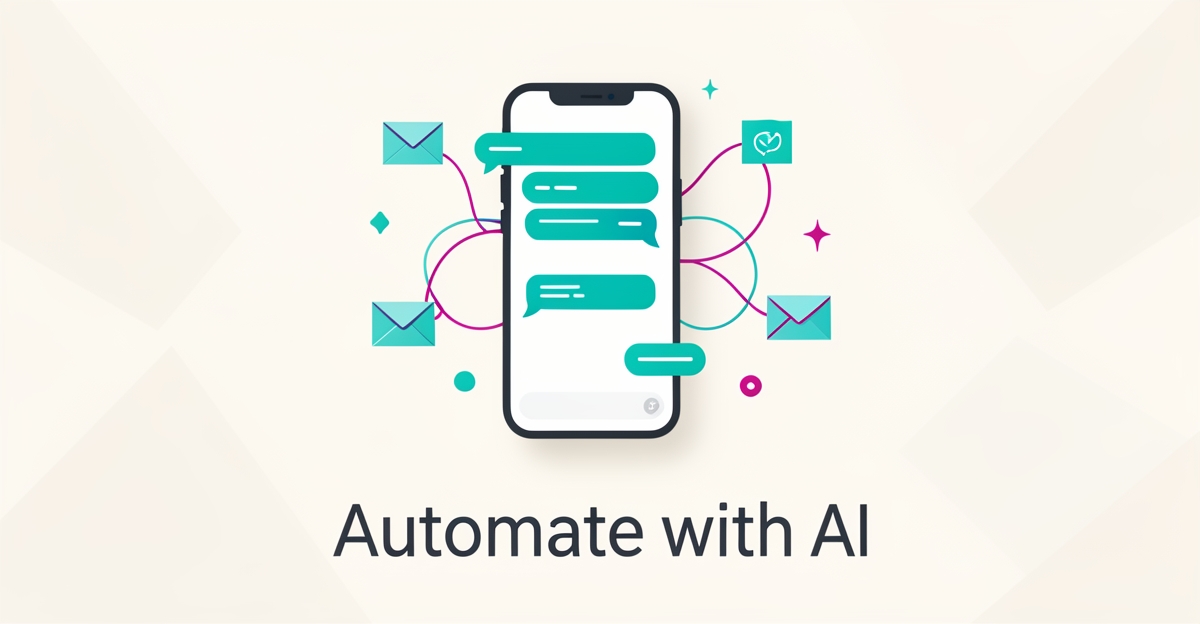 Flat illustration of a smartphone with AI chat bubbles and flowing connection lines symbolizing automated parent communication, accented in teal and magenta.