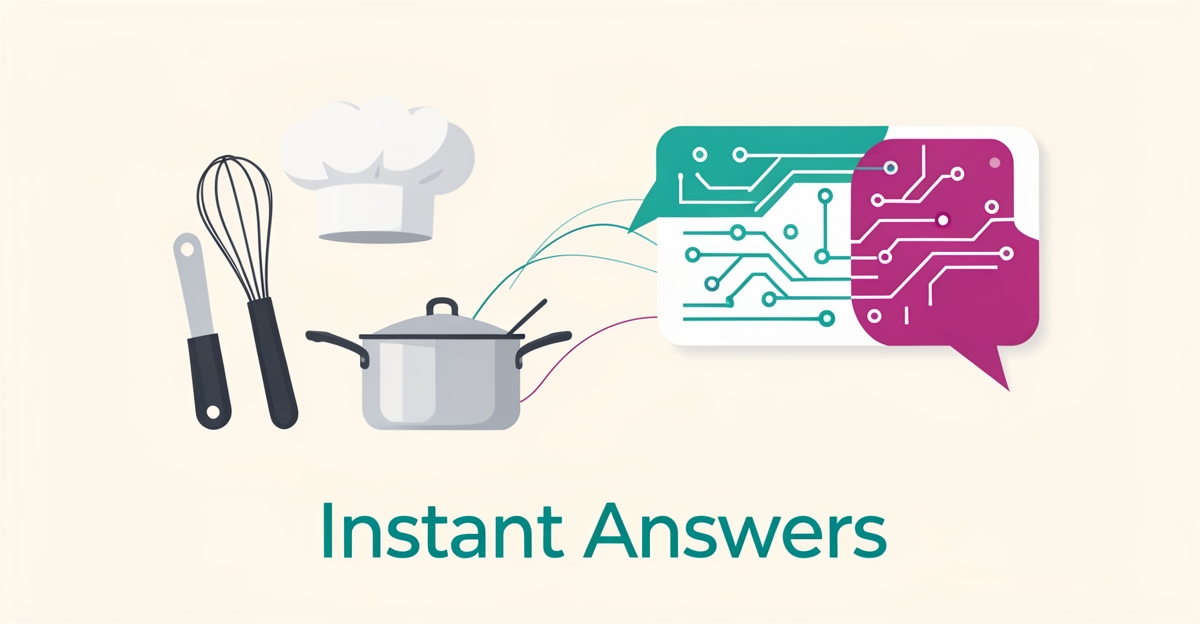 Flat illustration of culinary tools beside an AI chat bubble, symbolizing chatbots answering culinary school student questions instantly.
