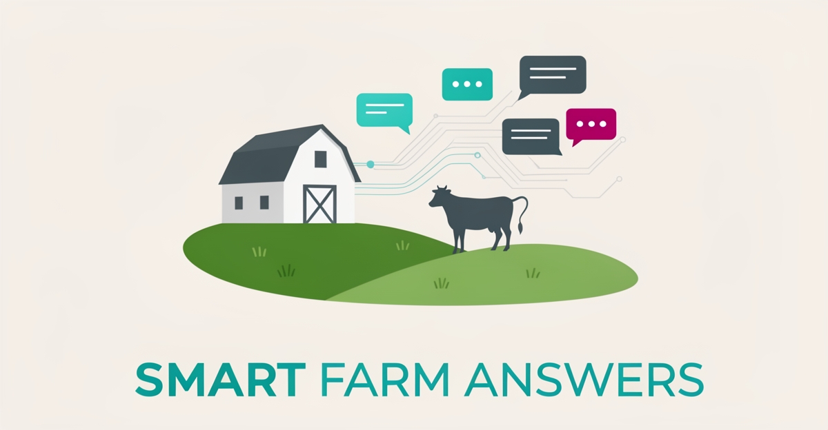 Flat illustration of a dairy farm with AI chat bubbles in teal and magenta, symbolizing balanced automated visitor communication.