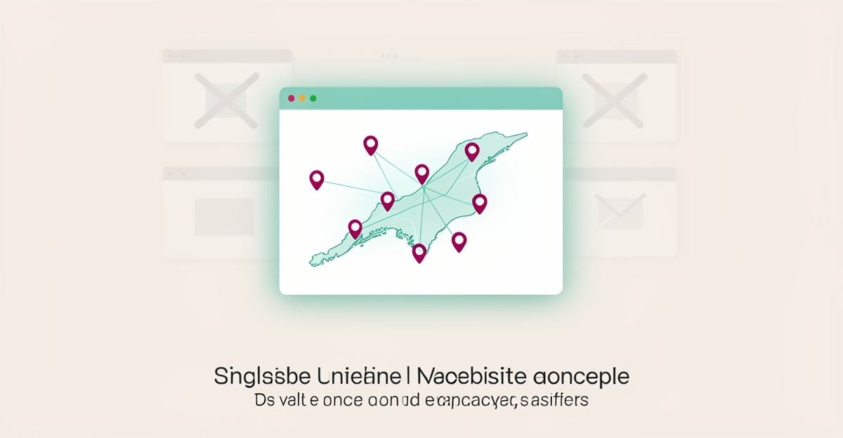 Flat illustration of one daycare website connecting to multiple Nova Scotia location pins, showing consolidated local SEO targeting.
