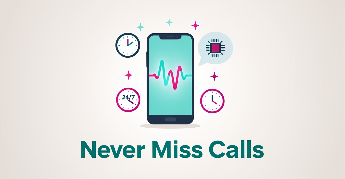Flat illustration of a smartphone with glowing call waveform and AI chip icon, accented in teal and magenta, with headline Never Miss Calls.