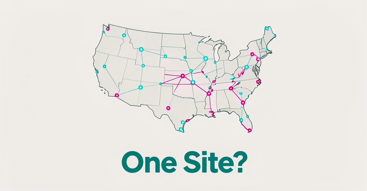 Flat illustration of a connected US map with one central hub linking regional nodes in teal and magenta, headline reading One Site?