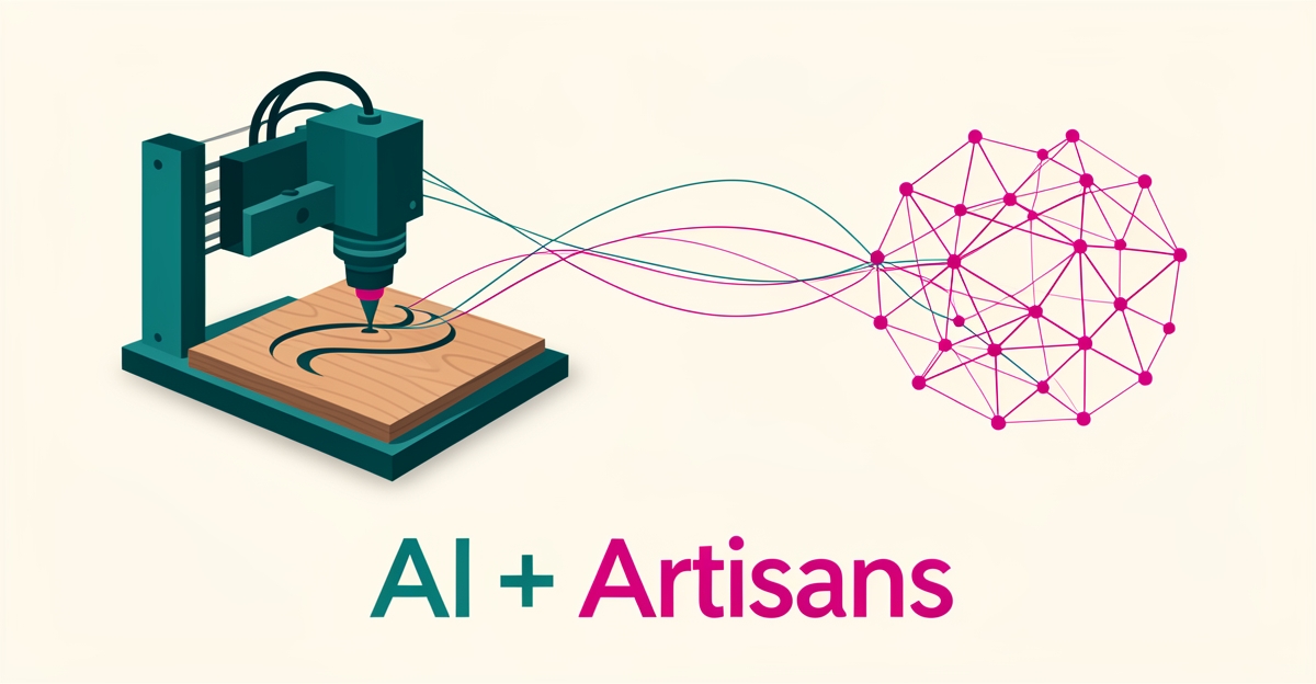 Flat illustration of an engraving machine linked to an abstract AI node cluster, symbolizing hybrid AI and human design workflows.