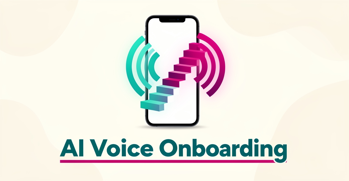 Flat illustration of a smartphone sending gradient sound waves rising like steps, symbolizing AI voice messages in executive coaching onboarding.