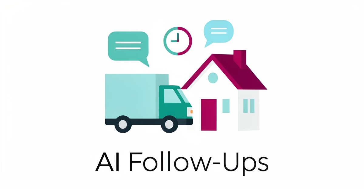 Flat illustration of a moving truck with chat and clock icons representing AI-powered post-booking follow-ups for furniture removal businesses.